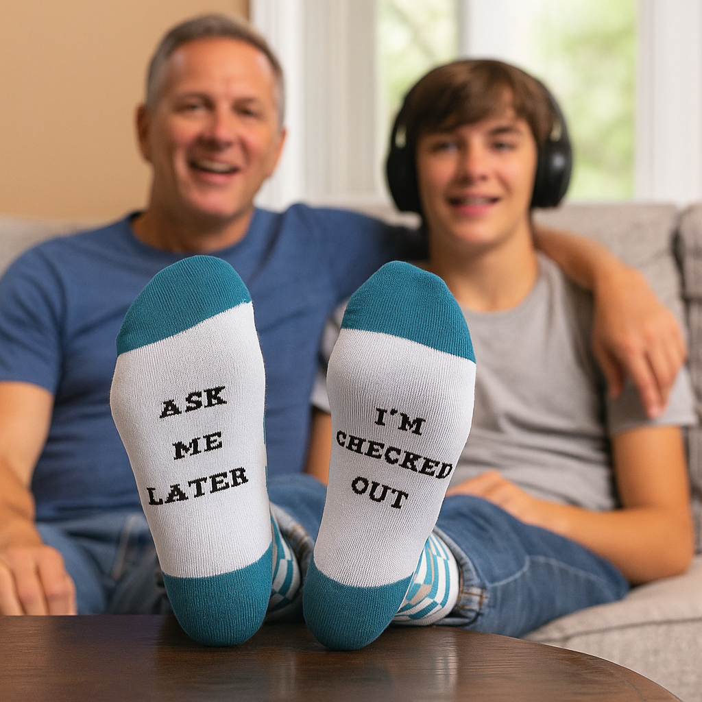 Two people sitting on a couch with socks on showing text, one person is wearing headphones. The socks are blue checkered pattern and read ask me later I'm checked out. AI Generated