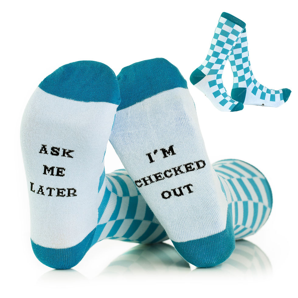 Blue checkered pattern socks with saying ask me later I am checked out featured on a white background