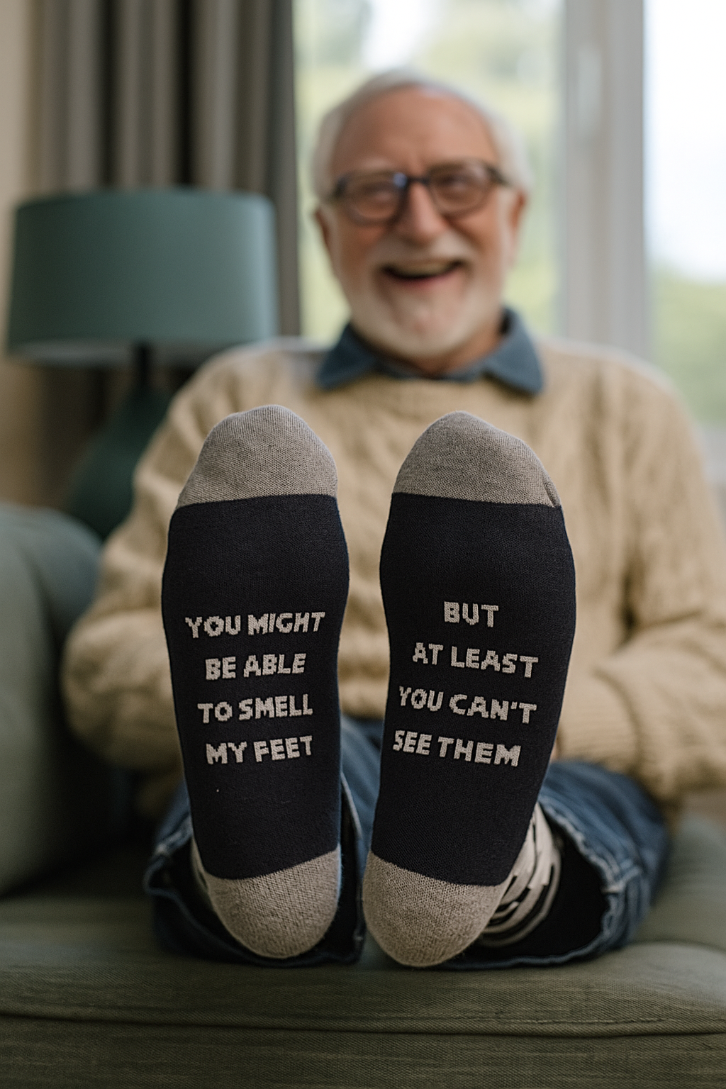 Grandpa wearing funny camo socks from a christmas gift