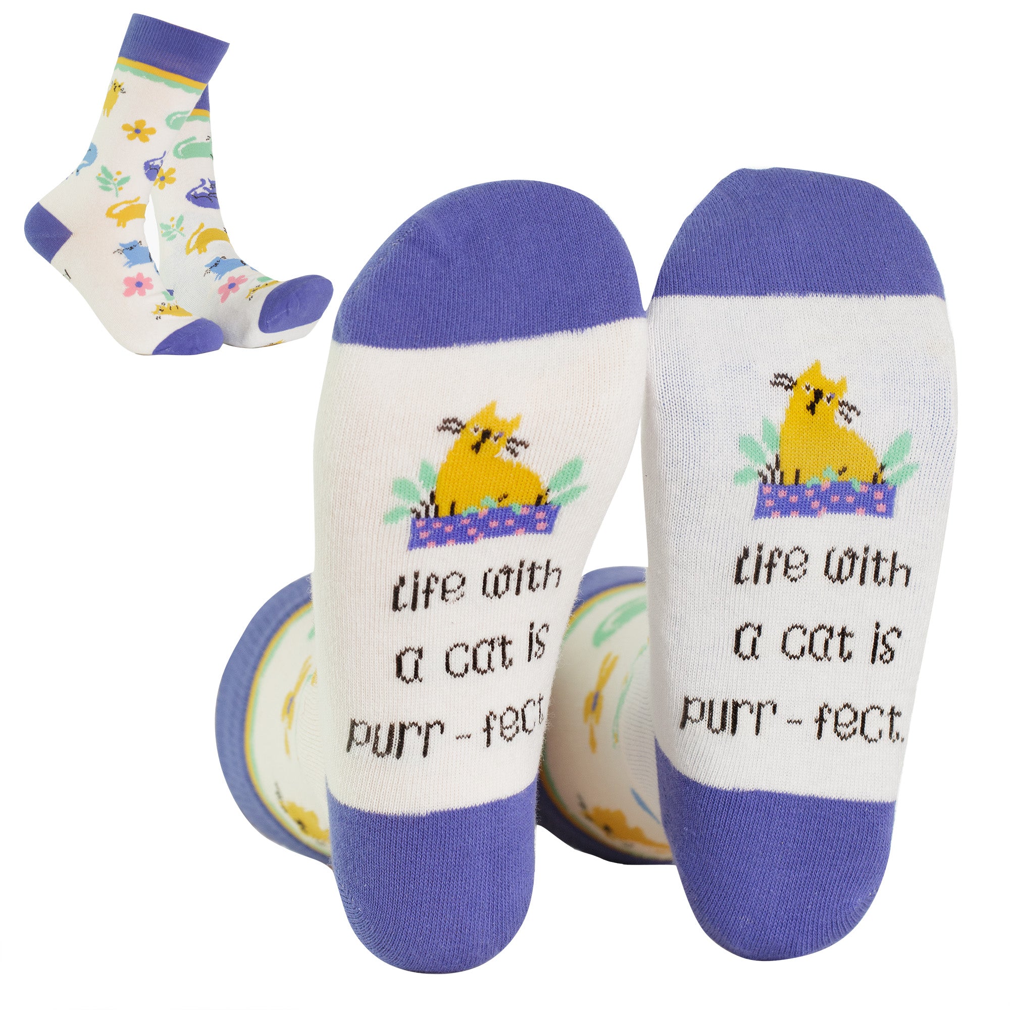 Pair of socks with a cat illustration and text on a white background