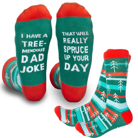 Funny Christmas Socks for Dad I have a really tree-mendous dad joke that will really spruce up your dad with red green and blue stripes with chritmas trees set on a white background