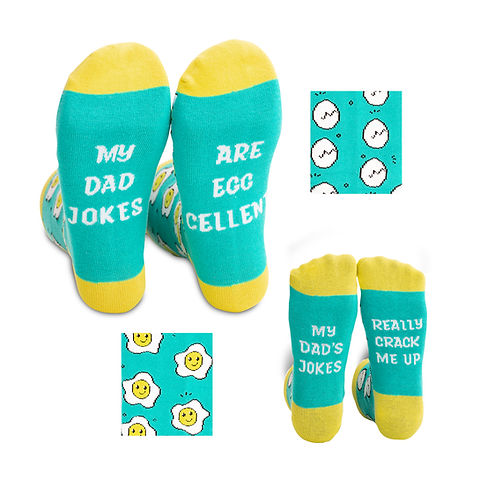Teal socks with yellow accents and humorous text  and egg pattern on a white background