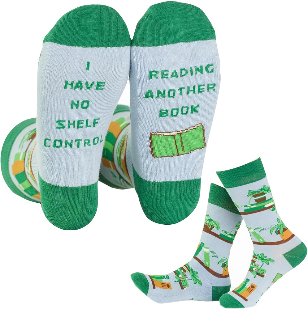 Pair of socks with book-themed designs and text on a white background