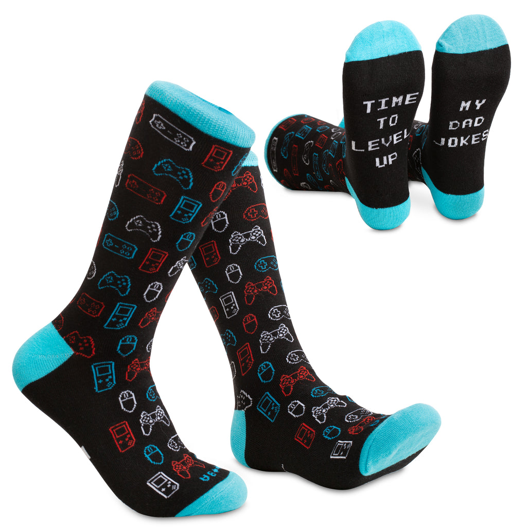 Funny Gamer Socks for Dad by FunnyFeet – “Time to Level Up My Dad Jokes” | Video Game Controller Pattern