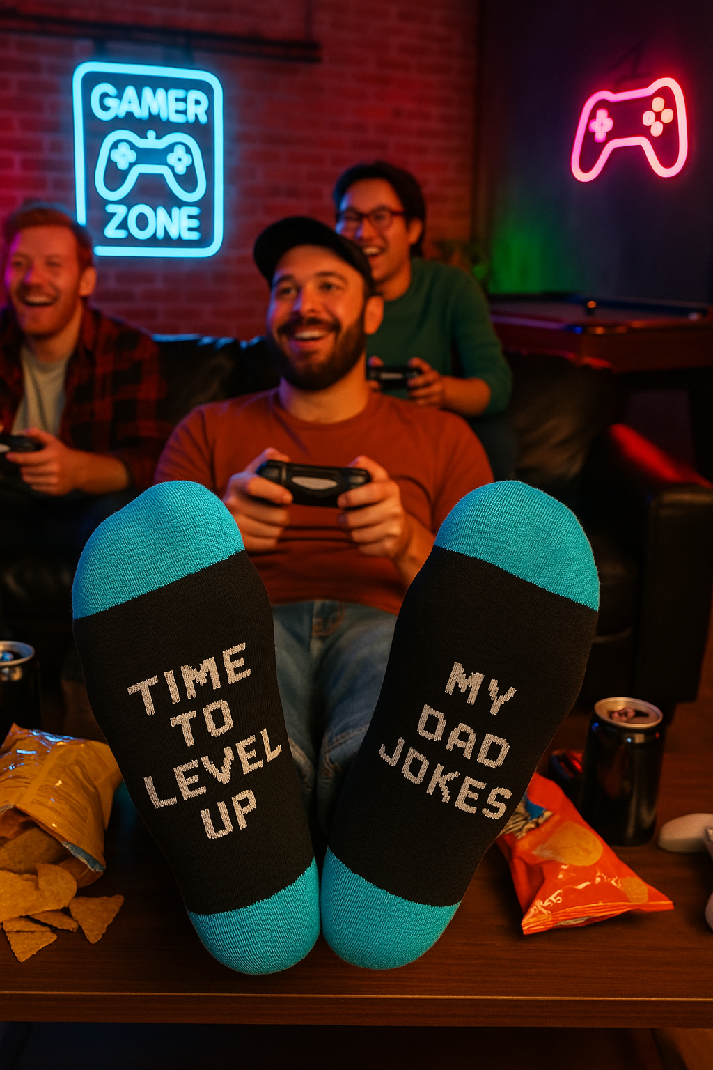 aI Image of a man playing video games with his buddies with this feet up on the coffee table and the black socks with blue heels and toe accentss reads in white writing knit into the sock time to level up my dad jokes 