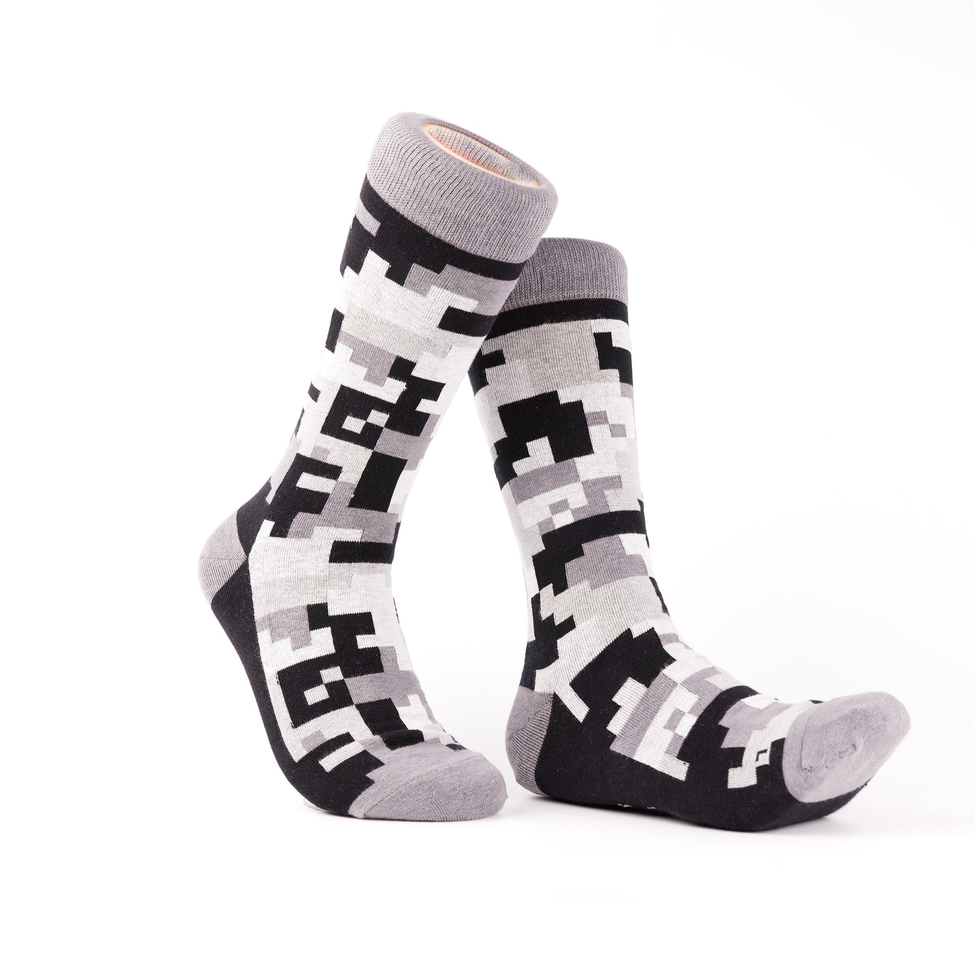 Pair of socks with pixelated pattern on a white background