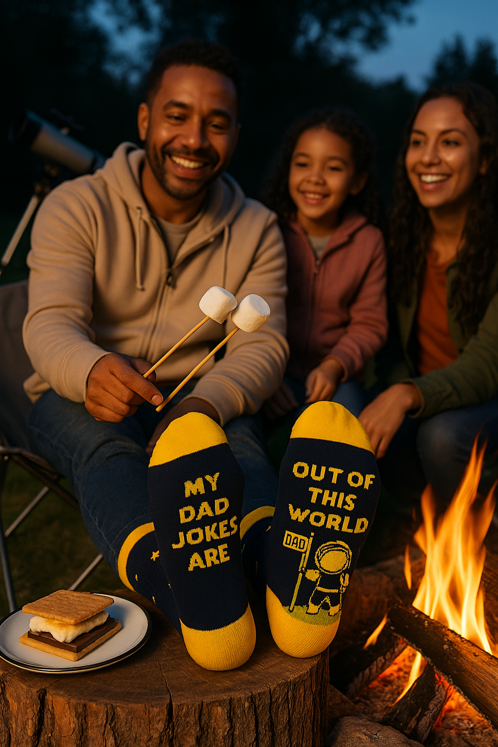 Man sitting with his wife and daughter around a campfire roasting smores, thee is a telescope in the background, his feet are up on a log stool by a fire and his black socks read my dad jokes are out of this world in yellow font and feature an astronaut placing a flag on the moon that says dad, created with AI