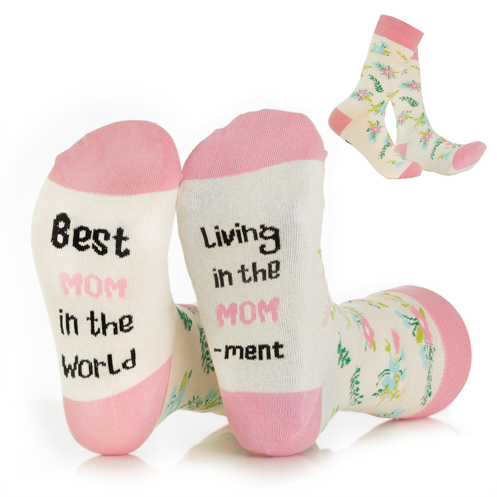 Set of socks with text and floral patterns on a white background