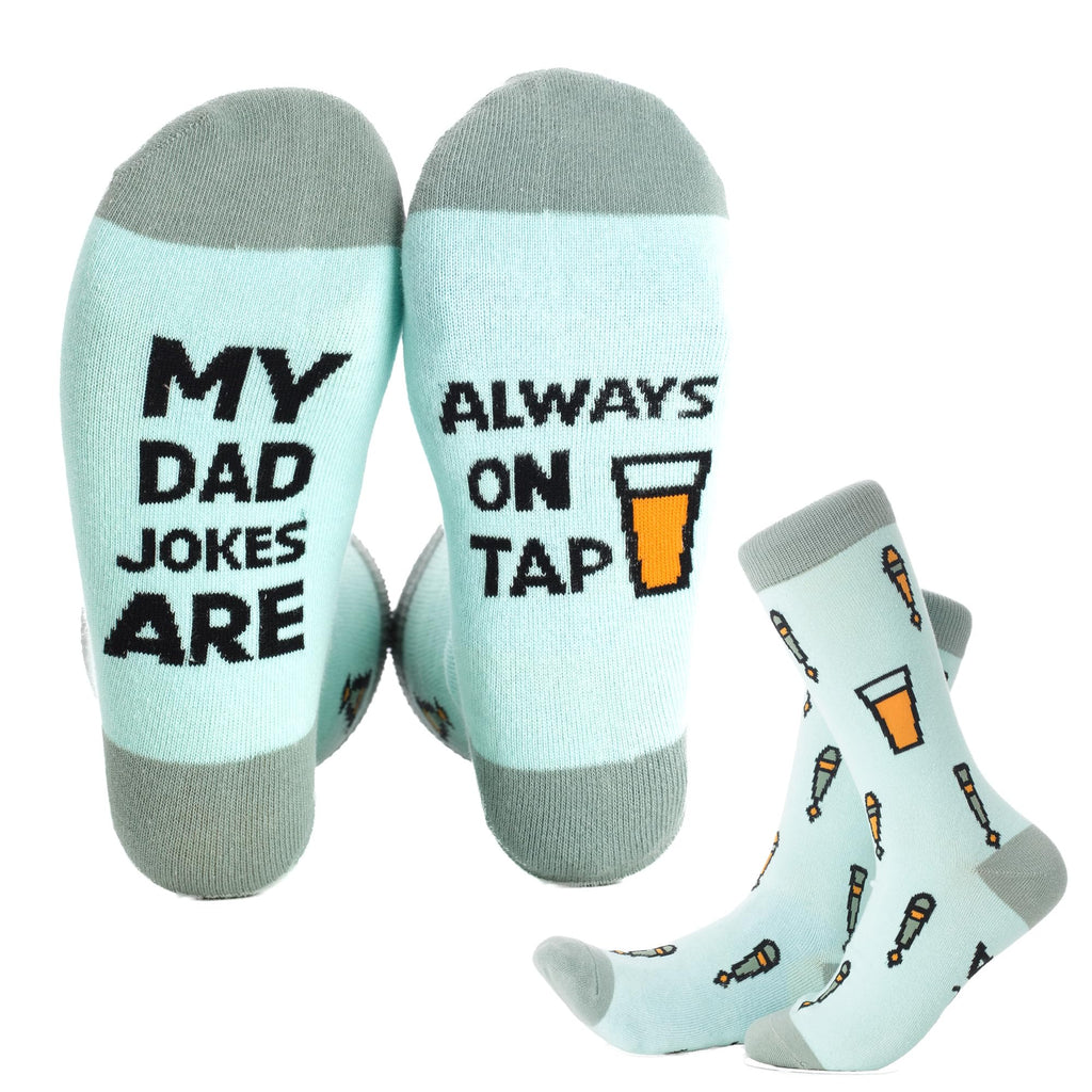 Funny Beer Socks for Dad by FunnyFeet – “My Dad Jokes Are Always On Tap” | Beer Tap Pattern