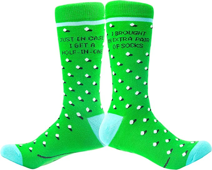 Funny Golf Socks by FunnyFeet – “I Brought An Extra Pair of Socks In Case I Get a Hole in One” | Polka Dot Golf Pattern