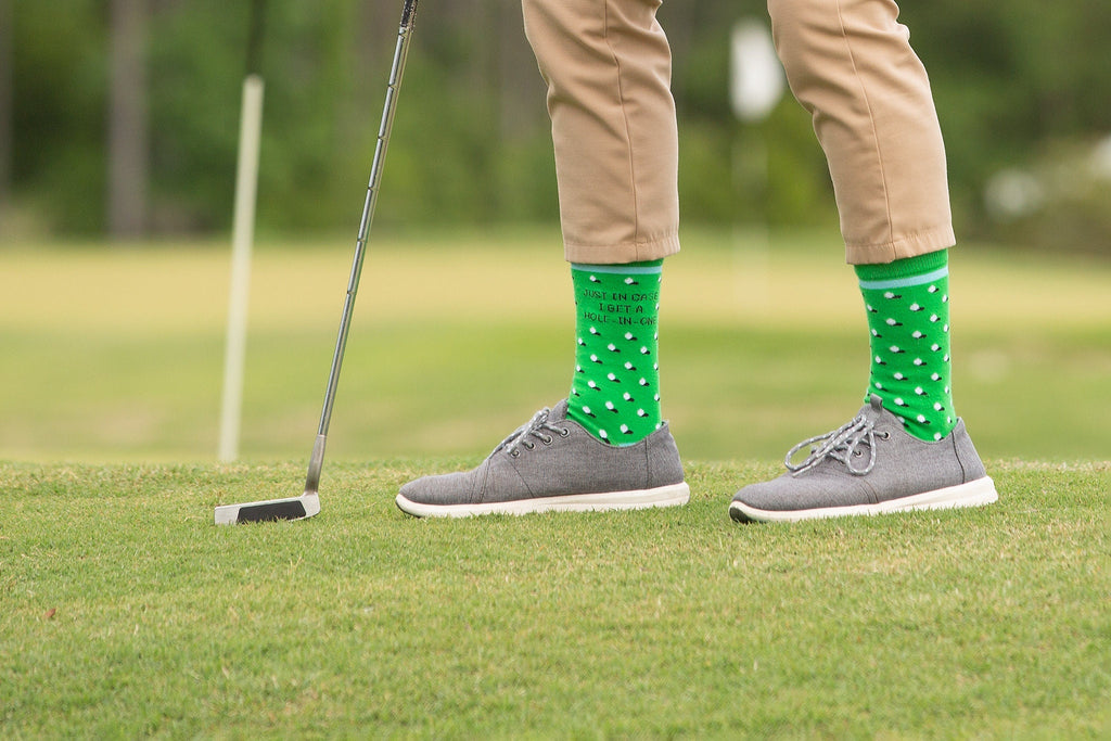 Funny Golf Socks by FunnyFeet – “I Brought An Extra Pair of Socks In Case I Get a Hole in One” | Polka Dot Golf Pattern